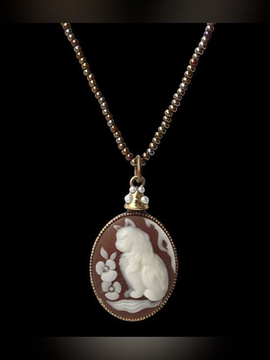Jewelry - Vintage-Style Cat Cameo Pendant w/ “Druk” Beaded Necklace